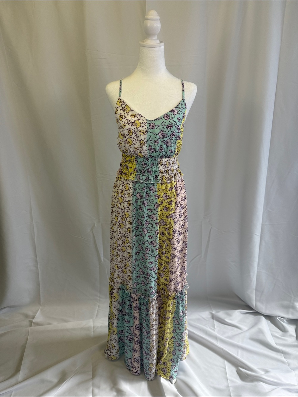 Gianni Bini Mint Yellow Blush Patchwork Floral Maxi Dress